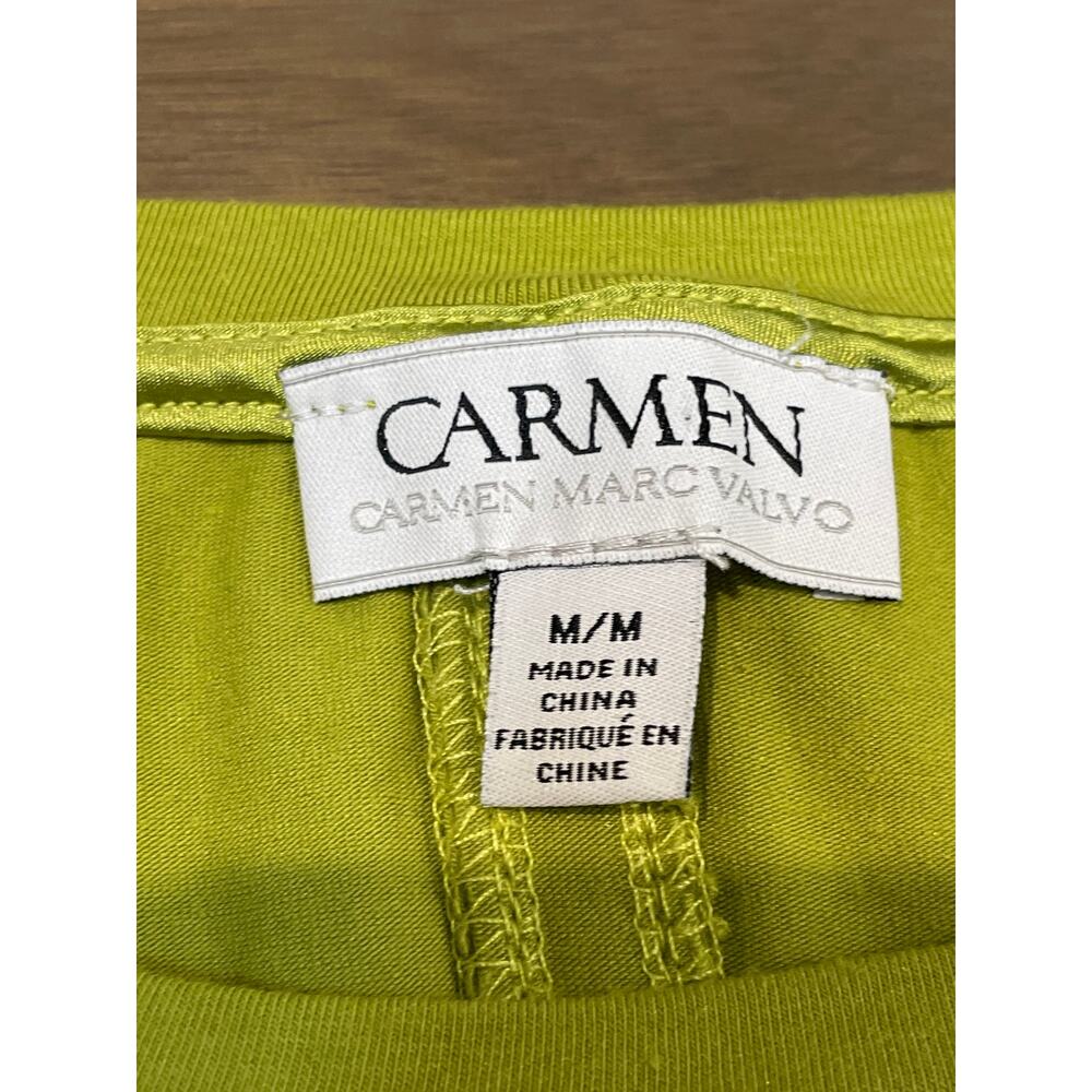 Carmen Marc Valvo Chartreuse Short Sleeve Ribbed Elastic Detail Top Size M - Picture 2 of 6